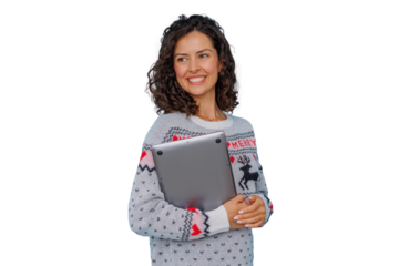 Woman wearing christmas sweater, holding laptop, smiling, celebrating holiday season with technology, transparent background