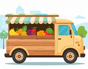 Highly detailed vector illustration of a colorful fruit truck parked in a street market scene. The truck is fully loaded with neatly arranged crates and baskets of fresh fruits including bananas, oran