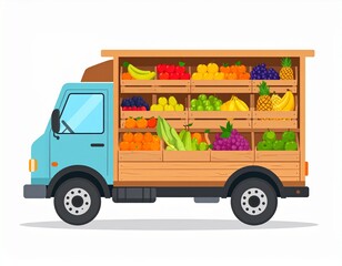 Highly detailed vector illustration of a colorful fruit truck parked in a street market scene. The truck is fully loaded with neatly arranged crates and baskets of fresh fruits including bananas, oran