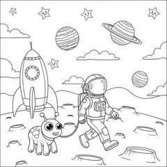 Astronaut walking an alien coloring page. Fun cartoon cosmic illustration. Friendly cosmonaut walking a pet alien on a leash on the moon. Fun coloring sheet for children.