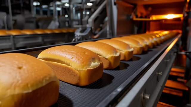 Freshly baked bread loafs moving on conveyor belt in bakery production line at food factory with warm lighting creating cozy inviting atmosphere