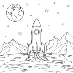 Rocket launch coloring page. Detailed space illustration. Spaceship blasting off from a mountain landscape with the Earth visible. Fun coloring sheet for children.