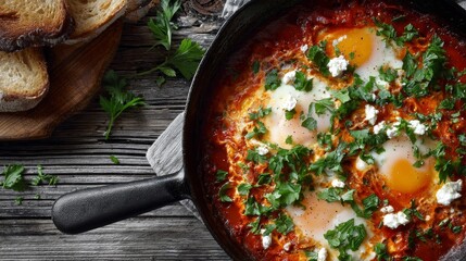 A delicious shakshuka dish in a cast iron pan, featuring eggs and herbs, accompanied by toasted bread on a rustic wooden surface, creating a warm and inviting atmosphere