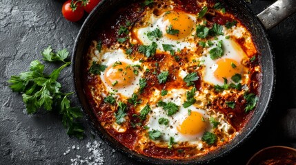Delicious shakshuka featuring poached eggs in a rich tomato sauce, garnished with fresh herbs, served in a pan, ideal for food lovers and culinary presentations