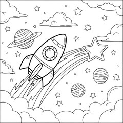 Rocket ship and comet coloring page. Detailed space illustration. Spaceship flying with a comet shooting a rainbow in space with planets and clouds. Fun coloring sheet for children.