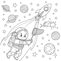Astronaut catching stars coloring page. Fun cartoon space illustration. Friendly cosmonaut boy with a butterfly net trying to catch a star. Perfect printable activity sheet for kids.