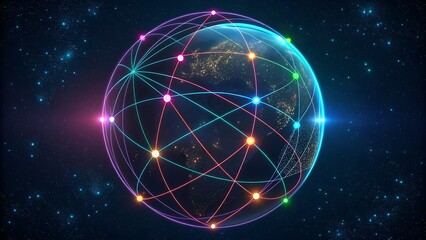 Abstract glowing sphere with interconnected digital network nodes and lines