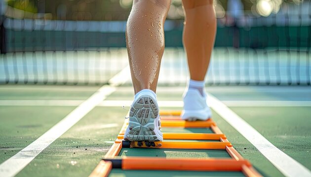 Athlete's Footwork Training Agile Steps on an Agility Ladder for Enhanced Speed and Coordination