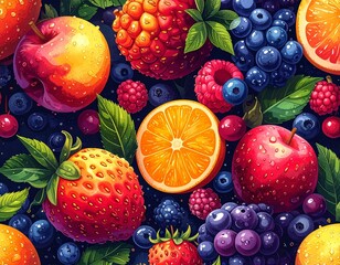 Highly detailed vector illustration of a colorful fruit truck parked in a street market scene. The truck is fully loaded with neatly arranged crates and baskets of fresh fruits including bananas, oran