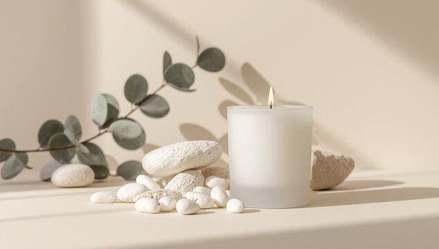 Minimalist White Candle with Pebbles and Greenery