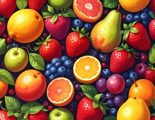 Highly detailed vector illustration of a colorful fruit truck parked in a street market scene. The truck is fully loaded with neatly arranged crates and baskets of fresh fruits including bananas, oran