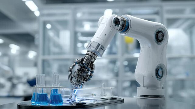 A robotic arm expertly handles glassware in a clean laboratory. It mixes liquids and conducts experiments with precision and efficiency, showcasing advanced automation in science