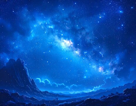 A vibrant blue nightscape featuring a majestic mountain range silhouetted against a breathtaking starry sky, the Milky Way glowing brightly
