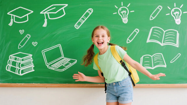 Back to school excitement with cheerful schoolgirl in front of chalkboard full of doodles of education icons and learning symbols - Powered by Adobe