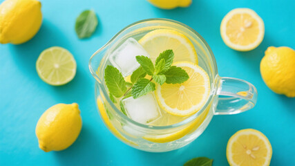 Organic citrus fruits and refreshing lemonade on wooden table symbolizing healthy nutrition and clean lifestyle habits