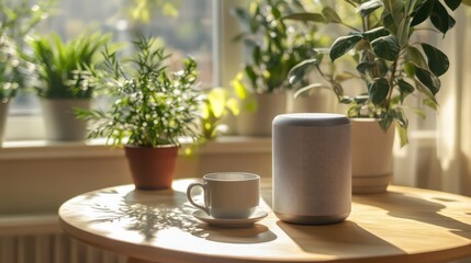 Fototapeta premium Sleek metallic Bluetooth speaker on wooden table in a cozy sunlit living room