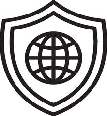Black outline shield with globe icon on white background vector graphic world earth
