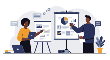 Fototapeta premium Dynamic business presentation showing diverse team collaborating on charts and data, ideal for corporate training or marketing materials, visually engaging content
