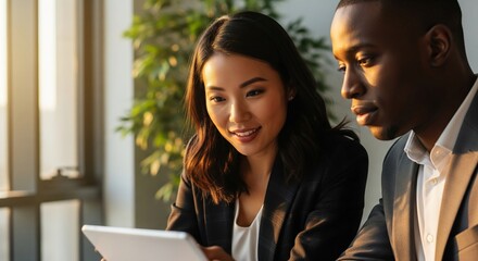 In a vibrant modern office bathed in golden sunlight, a confident Asian woman and Black man collaborate intently over a tablet, their eyes locked in creative synergy, embodying professional teamwork a