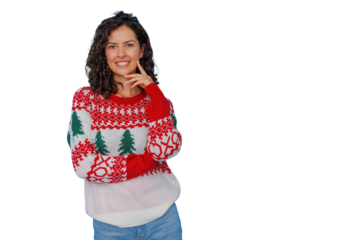 Young woman wearing festive christmas sweater, smiling, posing for holidays, cheerful portrait on transparent background