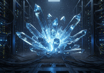 Massive cluster of ice crystals in a futuristic server room.