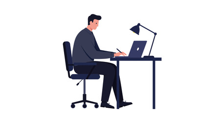 Focused professional working on laptop at desk with lamp, perfect for business presentations, marketing materials and corporate communications needs, modern design