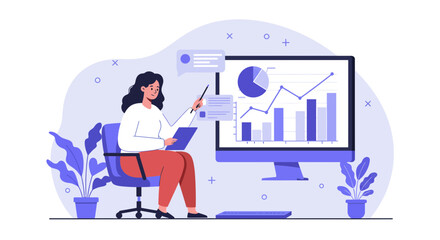 Confident businesswoman presenting financial data with modern charts and graphs on a large screen, showcasing growth and success in a visually engaging presentation