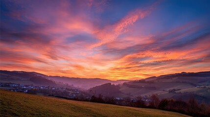 A breathtaking sunset casts vibrant colors over rolling hills and a valley, creating a serene and picturesque landscape.