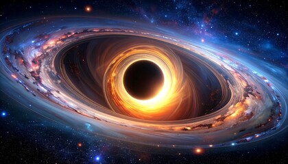 A vibrant depiction of a black hole, surrounded by swirling nebulae and distant stars