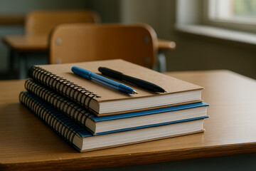 Notebooks and Pens on School Desk