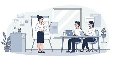 Dynamic presentation at modern office, woman leading meeting, team collaboration, elegant professional workspace, discussing growth strategy, business insights