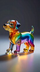 A beautiful and colorful puppy figurine made of rainbow-colored glass or crystal. The transparent dog statue creates vibrant reflections in a clean studio setting.