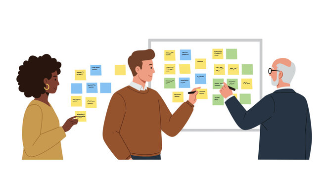 Dynamic team brainstorming innovative ideas using sticky notes for agile project management and creative collaboration in a modern workspace setting