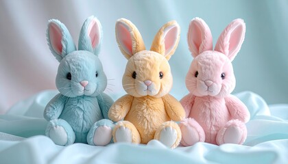Obraz premium Pastel Easter Bunnies Trio Soft Plush Toys on Silky Fabric Background in Delicate Pink Yellow and Blue Colors