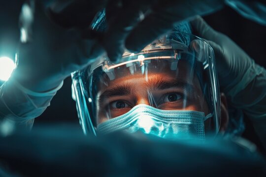 Dentist wearing protective face shield and surgical mask with gloves focused on dental procedure in clinic with bright light and dark background - Powered by Adobe