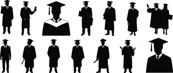 Graduation silhouette collection, students in cap and gown, academic ceremony vector, diploma celebration icons, education success, university achievement illustration set