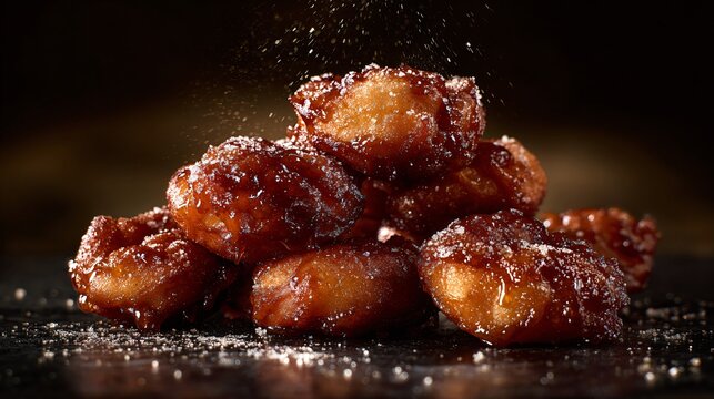 Zeppole with caramelized sugar topping, dark luxury backdrop