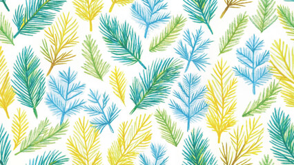 Fototapeta premium Seamless pattern, toddler doodle watercolor style, messy scribbled pine leaves background 