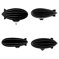Obraz premium Four black and white illustrations of vintage airships with elongated balloon shapes and tail fins design