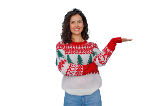Woman wearing christmas holiday sweater presenting, showing invisible product with hand, copy space, transparent background - Powered by Adobe