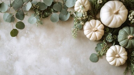 Thanksgiving background sage green cream white pumpkins eucalyptus neutral linen modern autumn.