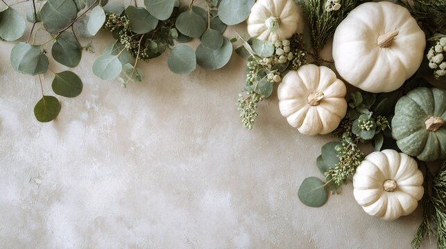 Thanksgiving background sage green cream white pumpkins eucalyptus neutral linen modern autumn.