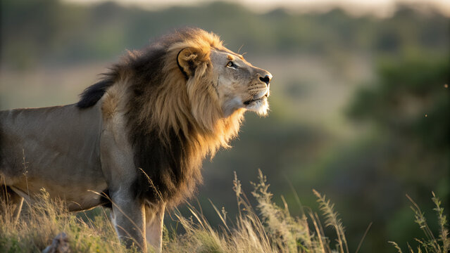 Majestic male lion walking in golden light
- Powered by Adobe