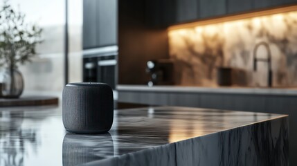 Stylish compact Bluetooth speaker on marble in a sleek, modern kitchen