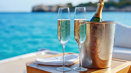 Charming champagne glasses beside chilled bucket on yacht, evoking luxury and relaxation