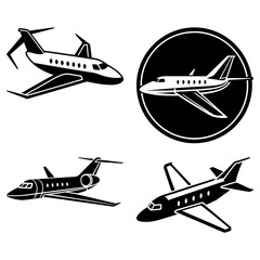 Illustration of four black and white airplanes in various positions and perspectives on a white background