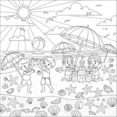 Summer beach coloring page. Happy kids illustration playing at the shore. Fun scene with children building a sandcastle and playing with a beach ball. Great activity sheet for children.
