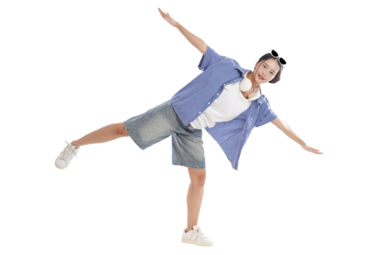 A Moment of Joy: A young woman balances, arms outstretched, capturing a carefree moment of freedom. a blend of youthful energy and joyful motion. - Powered by Adobe