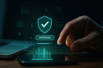 Smartphone screen with holographic secure payment approval shield
