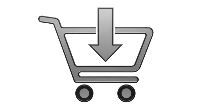 Isolated shopping cart vector with an arrow pointing down representing adding to cart icon